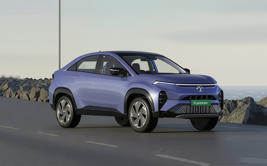 Tata Curvv EV 2025 front view showcasing LED DRLs and coupe-style SUV design